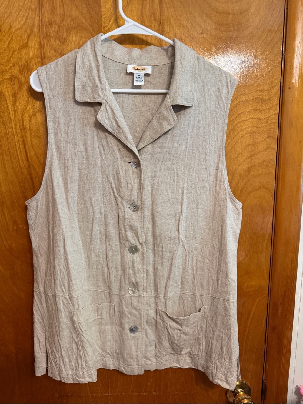 Talbots Sleeveless Button-Front Linen Blend Top in Light Beige